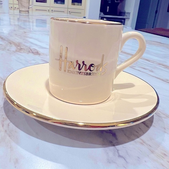 Harrods Espresso Coffee Mug Saucer Set Gold Trim Cream - Picture 1 of 8